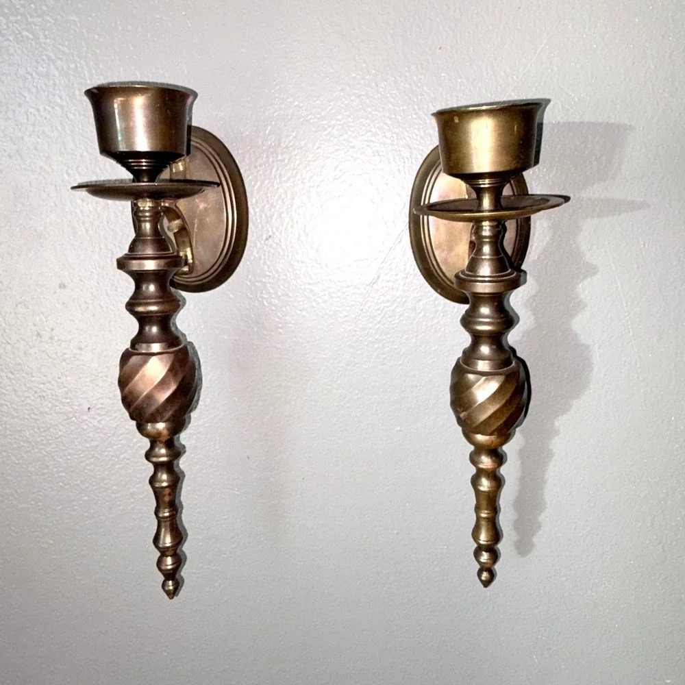 Pair of Vtg Antique Brass Hurricane Wall Sconces with Clear Glass Shades 18in